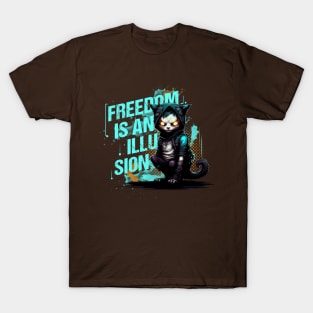 Cyberspace Cat Freedom is an Illusion Dark Background T-Shirt